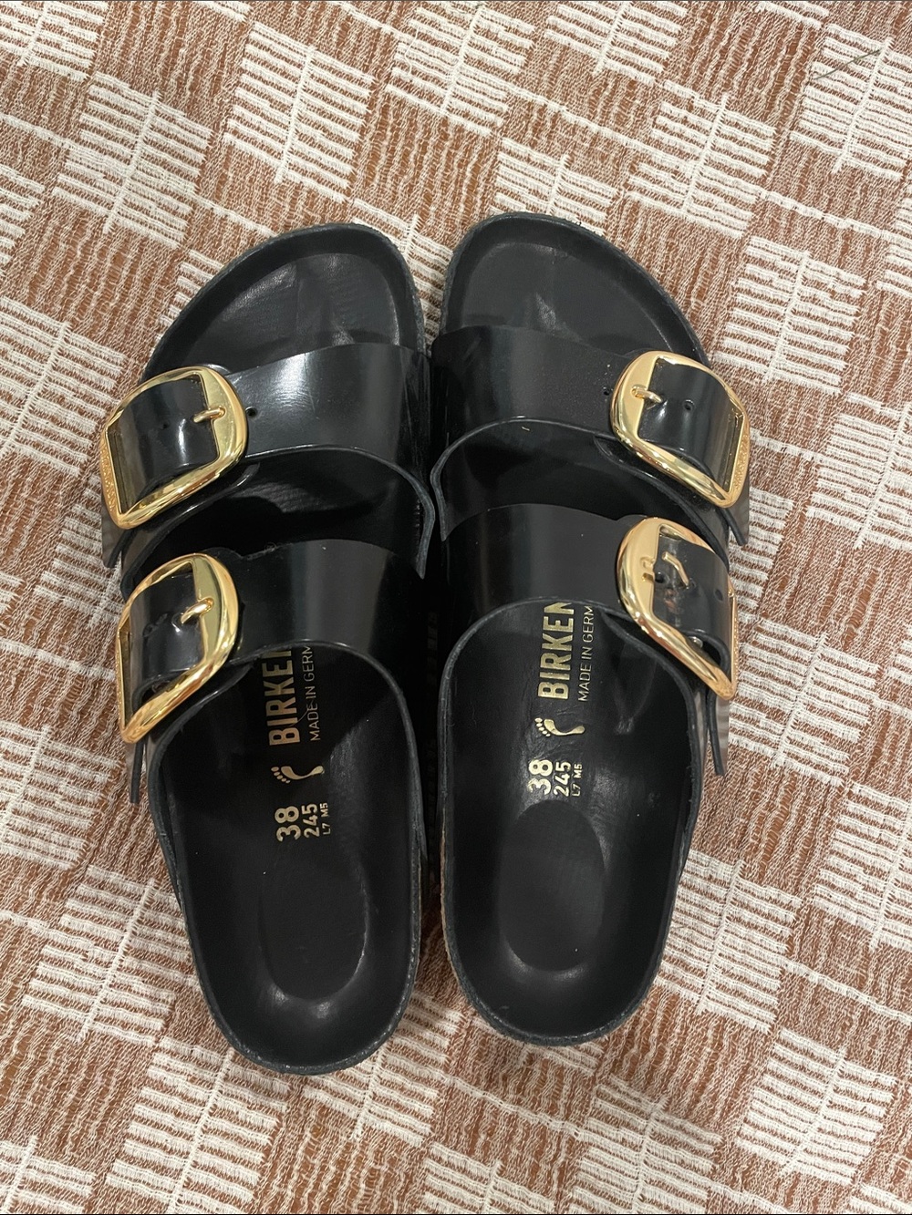 Birkenstock Black Arizona Glossy EVA Sandals with Gold Buckles - Picture 7 of 10